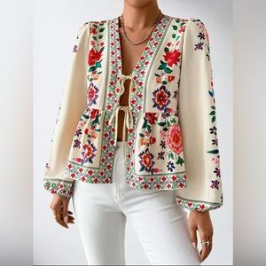 Floral Cream Lace Up Top